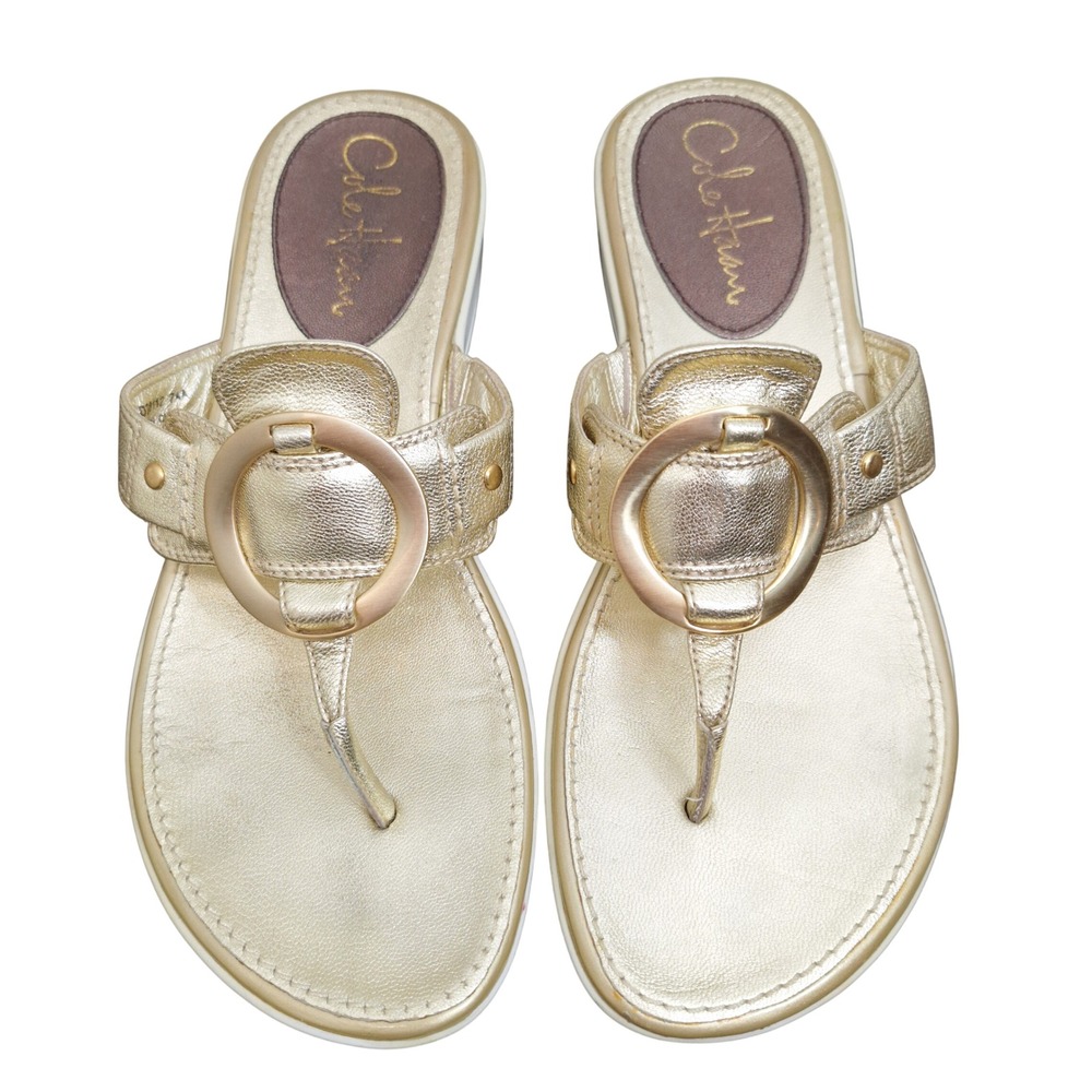 Cole Haan Nike Air Gold Metallic Leather Wedge Thong Sandals Buckle Womens 7AA